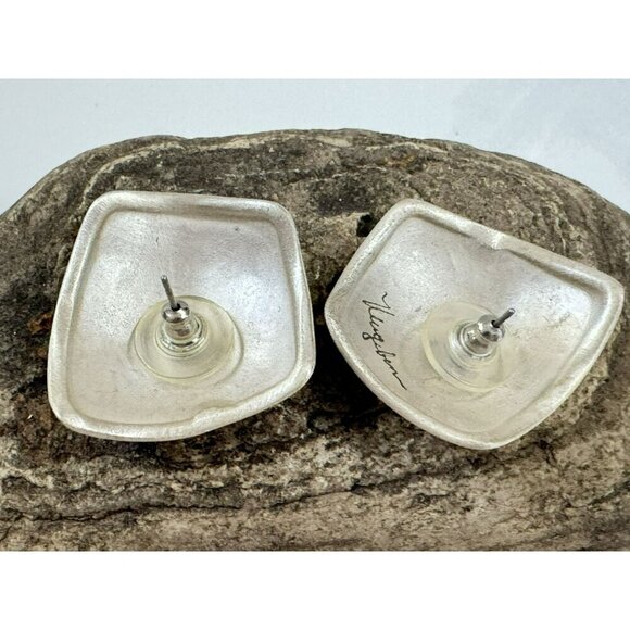 Handcrafted Signed Designer 2-Tone Matte SS Modern Assymetrial Pierced Earrings - Picture 3 of 5